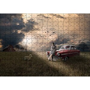 Günbatımında Kız Araba Kuzu Ve Bulutlu Gökler Puzzle Yapboz Mdf Ahşap 255 Parça