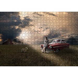 Günbatımında Kız Araba Kuzu Ve Bulutlu Gökler Puzzle Yapboz Mdf Ahşap 500 Parça