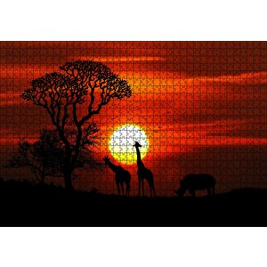 Günbatımı Zürafalar Ve Gergedan Silüetleri Puzzle Yapboz Mdf Ahşap 1000 Parça