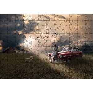 Cakapuzzle  Günbatımında Kız Araba Kuzu Ve Bulutlu Gökler Puzzle Yapboz Mdf Ahşap