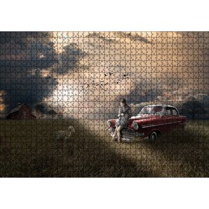 Günbatımında Kız Araba Kuzu Ve Bulutlu Gökler Puzzle Yapboz Mdf Ahşap 1000 Parça