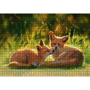 Güneşlenen İki Kızıl Tilki Görseli Puzzle Yapboz Mdf Ahşap 1000 Parça