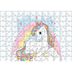 Unicorn Bulutlar Ve Kalpler Puzzle Yapboz Mdf Ahşap 120 Parça