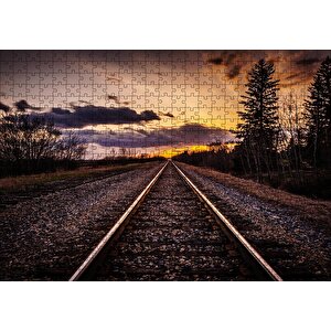 Demir Yolu Gün Batımı Bulut Ağaçlar Puzzle Yapboz Mdf Ahşap 500 Parça