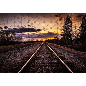 Demir Yolu Gün Batımı Bulut Ağaçlar Puzzle Yapboz Mdf Ahşap 120 Parça