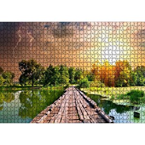 Tahta İskele Şimşekli Gökler Ve Güneşli Hava Puzzle Yapboz Mdf Ahşap 1000 Parça