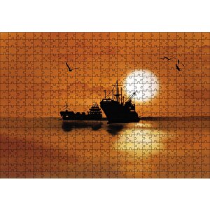 Yük Gemisi Martılar Gün Batımı Puzzle Yapboz Mdf Ahşap 500 Parça