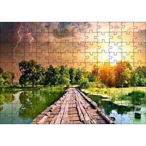 Tahta Köprü Göl Ağaçlar Bulutlu Güneş Görseli Puzzle Yapboz Mdf Ahşap 120 Parça