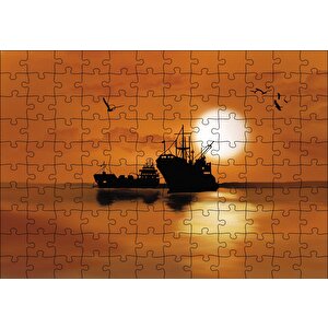 Yük Gemisi Martılar Gün Batımı Puzzle Yapboz Mdf Ahşap 120 Parça