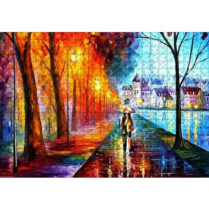 Yağmur Sahil Şemsiyeli Çift Yağlı Boya Puzzle Yapboz Mdf Ahşap 500 Parça