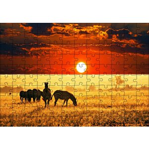 Günbatımı Savana'da Zebralar Puzzle Yapboz Mdf Ahşap 120 Parça