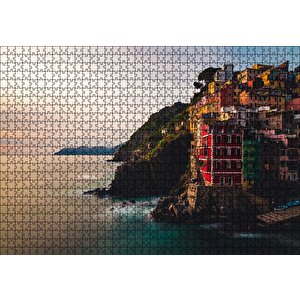 İtalya'da Sahil Kasabası Kayalıklar Evler Ve Gün Batımı Puzzle Yapboz Mdf Ahşap 1000 Parça