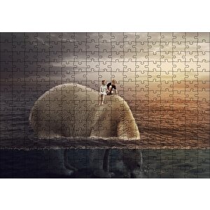 Dev Kutup Ayısı Ve Üzerinde Çocuklar İllüstrasyon Puzzle Yapboz Mdf Ahşap 255 Parça
