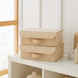 2'li Bej Balıksırtı Kapaklı Kutu Set 30 X 23 X 11 Cm