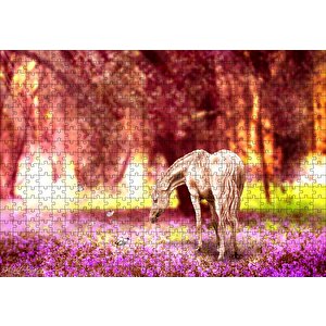 Orman Çiçekleri Kelebekler Ve Beyaz At Puzzle Yapboz Mdf Ahşap 500 Parça
