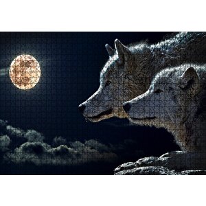 Dolunay Gecede Kurt Ve Yavrusu Puzzle Yapboz Mdf Ahşap 1000 Parça