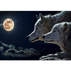 Dolunay Gecede Kurt Ve Yavrusu Puzzle Yapboz Mdf Ahşap 120 Parça
