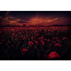 Günbatımı Gelincik Tarlası Ve Kızıl Gökler Puzzle Yapboz Mdf Ahşap 1000 Parça