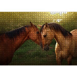 Yeşillikler Ve Kahverengi At Çifti Puzzle Yapboz Mdf Ahşap 1000 Parça