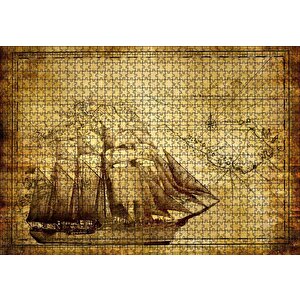 Eski Harita Üzerinde Yelkenli Gemi Puzzle Yapboz Mdf Ahşap 1000 Parça