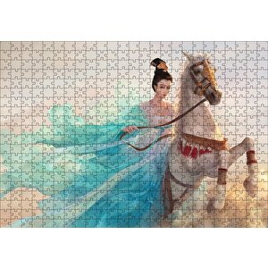 Beyaz Atlı Japon Prensesi Puzzle Yapboz Mdf Ahşap 500 Parça
