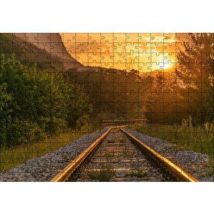 Günbatımında Parlayan Raylar Puzzle Yapboz Mdf Ahşap 255 Parça