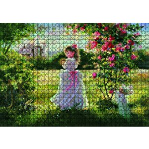 Küçük Kız, Peri Ve Şato Yağlı Boya Puzzle Yapboz Mdf Ahşap 1000 Parça