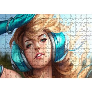 Kulaklıklı Sarışın Kadın İllüstrasyon Puzzle Yapboz Mdf Ahşap 255 Parça