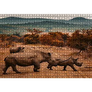 Muhteşem Boynuzlu Gergedan Ve Yavrusu Puzzle Yapboz Mdf Ahşap 1000 Parça