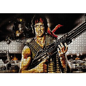 Rambo Makineli Tüfek Ve Arkaplanda Helikopter Ve Polisler Puzzle Yapboz Mdf Ahşap 1000 Parça