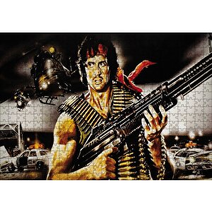 Rambo Makineli Tüfek Ve Arkaplanda Helikopter Ve Polisler Puzzle Yapboz Mdf Ahşap 500 Parça