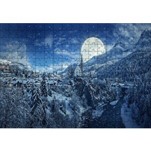 Süper Dolunay Ve Karla Kaplı Kasaba Puzzle Yapboz Mdf Ahşap 255 Parça