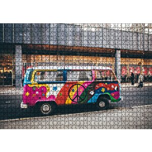 Hippi Tarzı Süslenmiş Volkswagen Minibüs Puzzle Yapboz Mdf Ahşap 1000 Parça