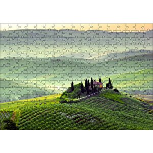 İtalya Toscano Tepedeki Ev Ve Dağlar Puzzle Yapboz Mdf Ahşap 255 Parça