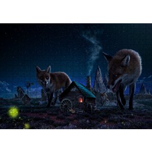 Kulübe Ve Etrafında Dev Tilkiler Puzzle Yapboz Mdf Ahşap 500 Parça