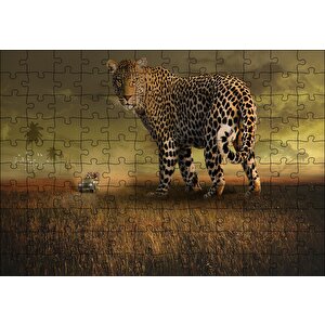 Safaride Turistler Ve Dev Leopar İllüstrasyon Puzzle Yapboz Mdf Ahşap 120 Parça