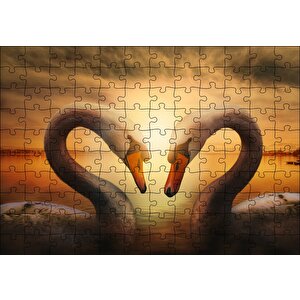 Günbatımı Göl Kuğular Kalp Puzzle Yapboz Mdf Ahşap 120 Parça