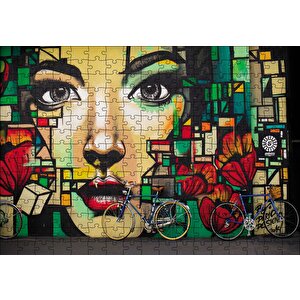 Duvar Boyama Kadın Portre Ve Bisikletler Puzzle Yapboz Mdf Ahşap 255 Parça
