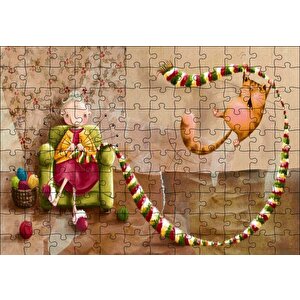 Atkı Ören Yaşlı Kadın Ve Oynayan Kedisi Puzzle Yapboz Mdf Ahşap 120 Parça