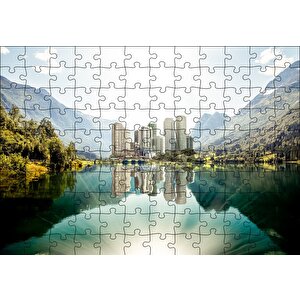Dağ Gölünde Şehir Yansımaları Puzzle Yapboz Mdf Ahşap 120 Parça