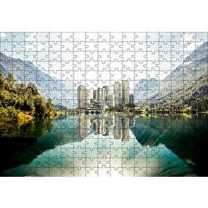 Dağ Gölünde Şehir Yansımaları Puzzle Yapboz Mdf Ahşap 255 Parça
