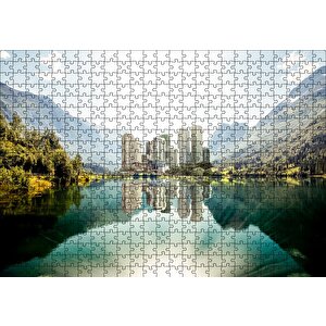 Dağ Gölünde Şehir Yansımaları Puzzle Yapboz Mdf Ahşap 500 Parça