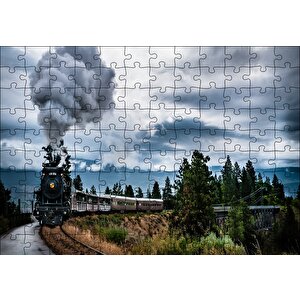 Kıvrılarak İlerleyen Kara Tren Ve Dumanı Puzzle Yapboz Mdf Ahşap 120 Parça