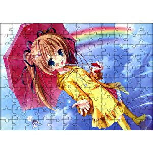 Anime Şemsiyeli Küçük Kız Ve Gökkuşağı Puzzle Yapboz Mdf Ahşap 120 Parça