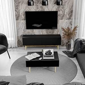 Set 4020-4220 Verde Gold Metal Ayakli Tv Üni̇tesi̇ - Style Orta Sehpa Takimi Si̇yah