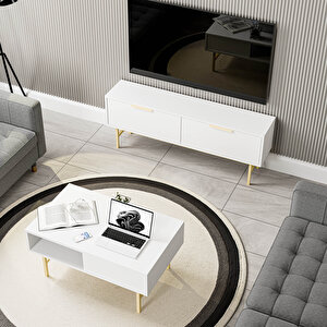 Set 4032-4222 Nero Gold Metal Ayakli Tv Üni̇tesi̇ - Style Orta Sehpa Takimi Beyaz