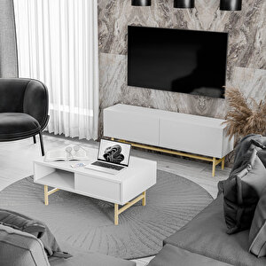 Set 4022-4222 Verde Gold Metal Ayakli Tv Üni̇tesi̇ - Style Orta Sehpa Takimi  Beyaz
