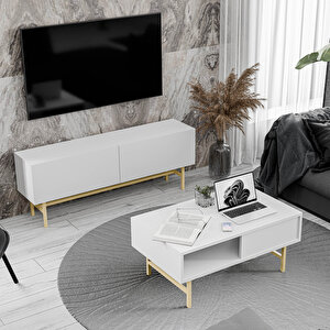 Set 4022-4222 Verde Gold Metal Ayakli Tv Üni̇tesi̇ - Style Orta Sehpa Takimi  Beyaz