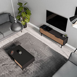 Set 4010-4210 Blanco Si̇yah Metal Ayakli Tv Üni̇tesi̇ - Orta Sehpa Takimi Si̇yah Kaplan