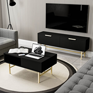 Set 4030-4220 Nero Gold Metal Ayakli Tv Üni̇tesi̇ - Style Orta Sehpa Takimi Si̇yah